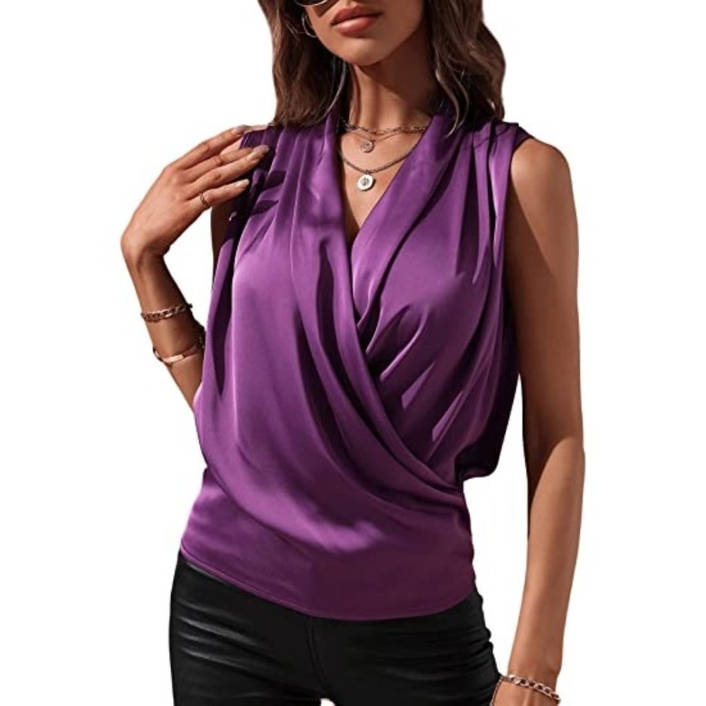 Maggie's Women Wrap Front Pleated Blouse Top Overlap Collar Purple…